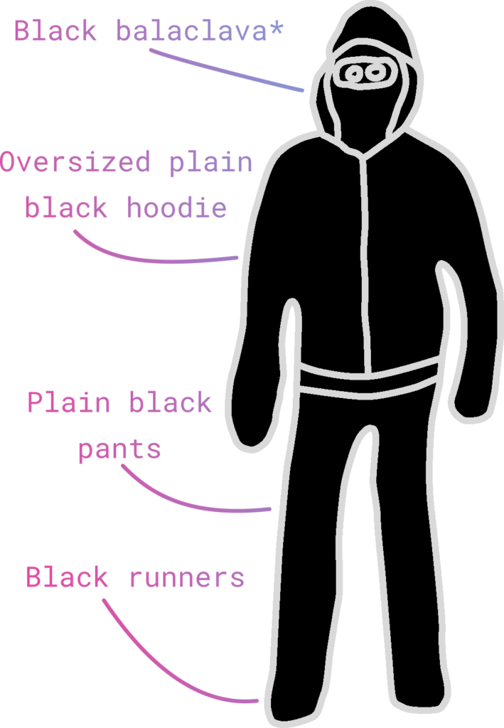 The basic elements of black bloc are: black balaclava, oversized plain black hoodie, plain black pants, black runners.